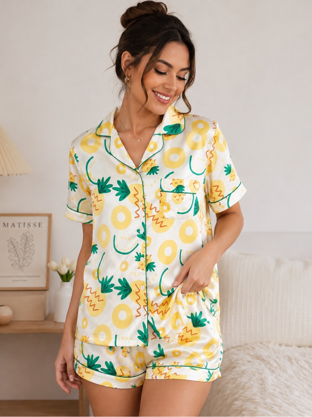 Pineapple Print Satin Pajama Top – Size M
